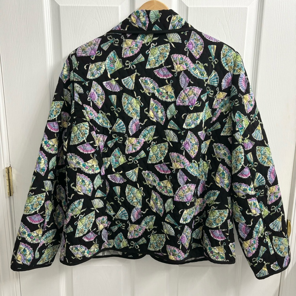 Quilted Zip Jacket Womens XL Black Fan Patterned Art to Wear Colorful Funky - Picture 8 of 9